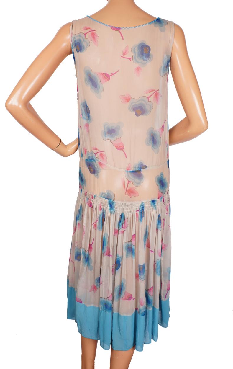 Vintage 1920s Art Deco Silk Chiffon Dress - Floral Print -  Size S - Poppy's Vintage Clothing
