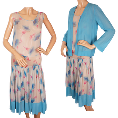 Vintage 1920s Art Deco Silk Chiffon Dress - Floral Print -  Size S - Poppy's Vintage Clothing