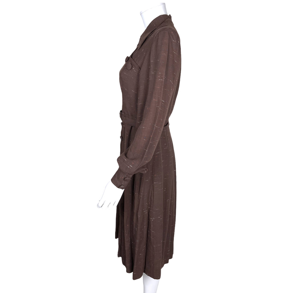Vintage 1940s Day Dress Brown Gabardine w Specks Size M