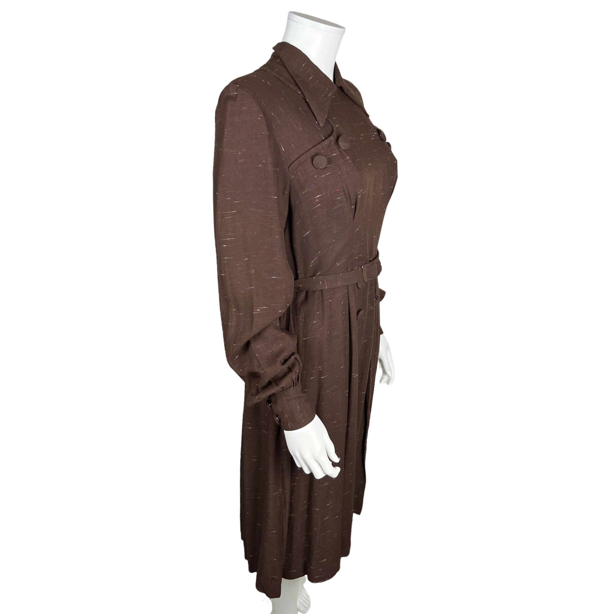 Vintage 1940s Day Dress Brown Gabardine w Specks Size M