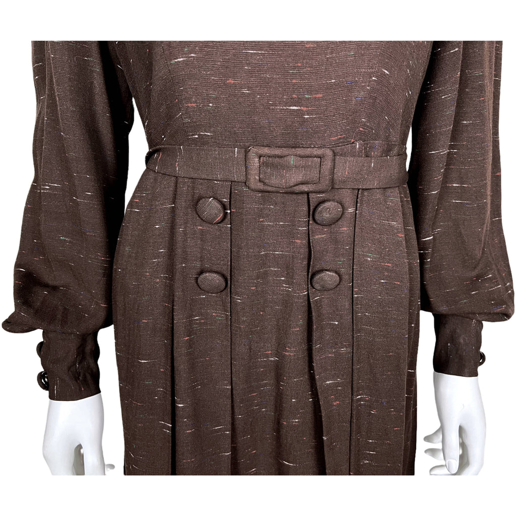Vintage 1940s Day Dress Brown Gabardine w Specks Size M