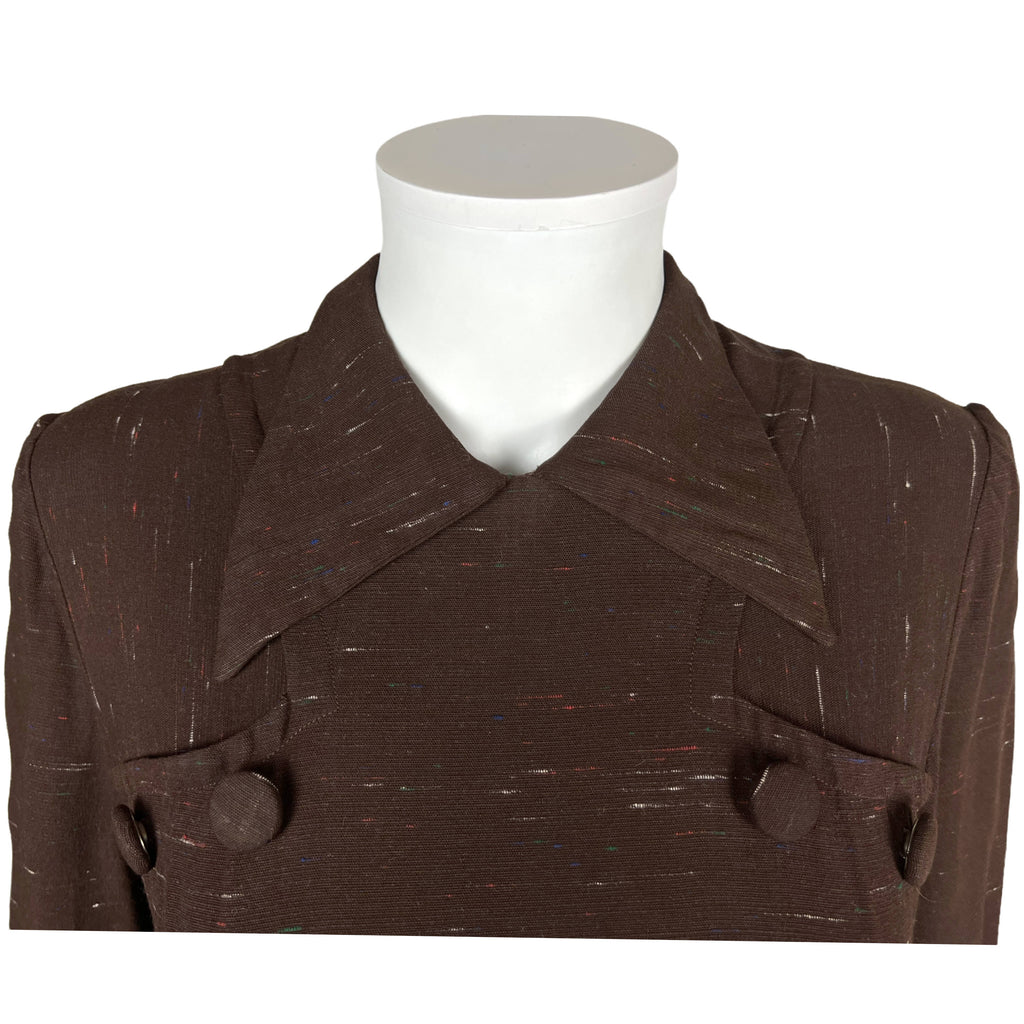 Vintage 1940s Day Dress Brown Gabardine w Specks Size M
