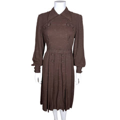 Vintage 1940s Day Dress Brown Gabardine w Specks Size M