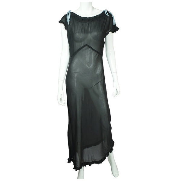 Vintage 1930s Black Silk Chiffon Nightie See Through Nightgown Size Large - Poppy's Vintage Clothing