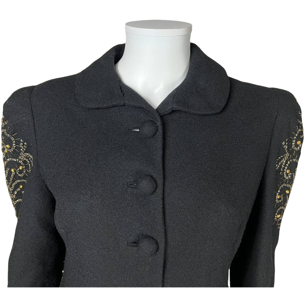 Vintage 1930s Ladies Coat Black Wool Beaded Evening Wear S M