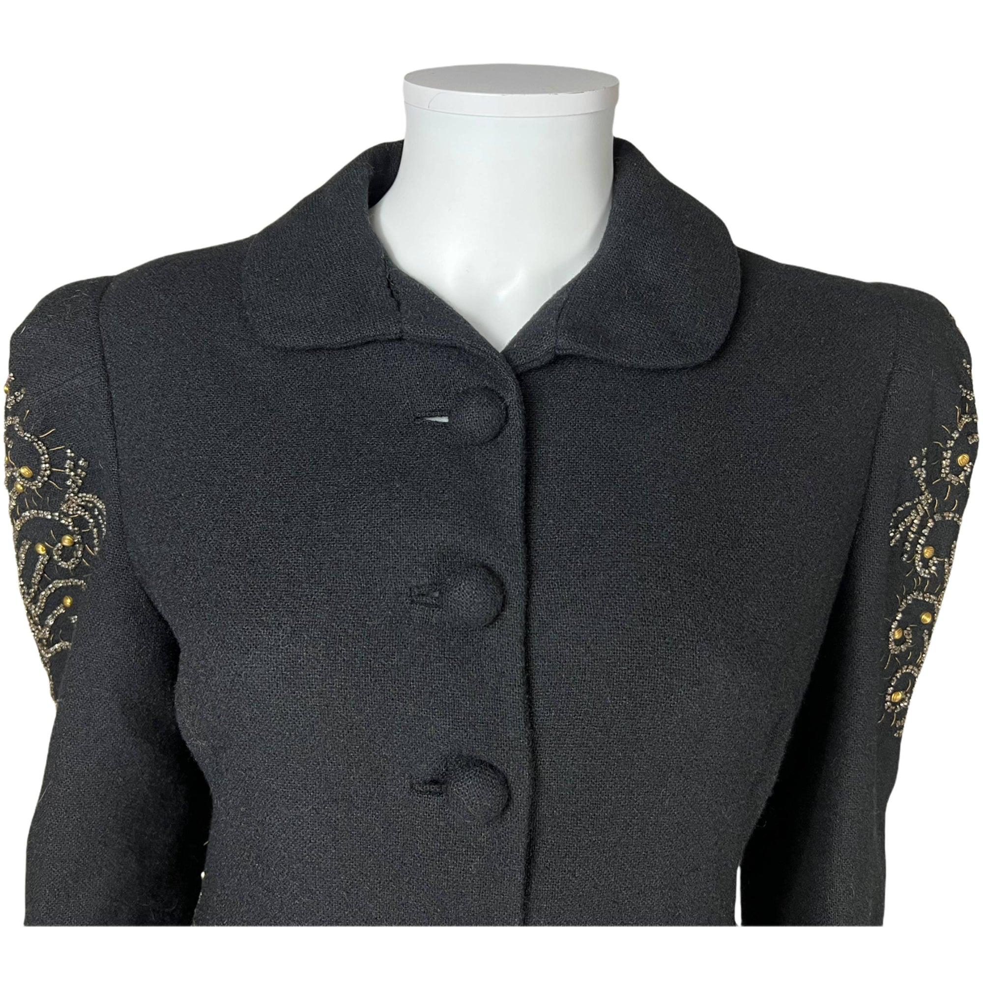 Vintage 1930s Ladies Coat Black Wool Beaded Evening Wear S M