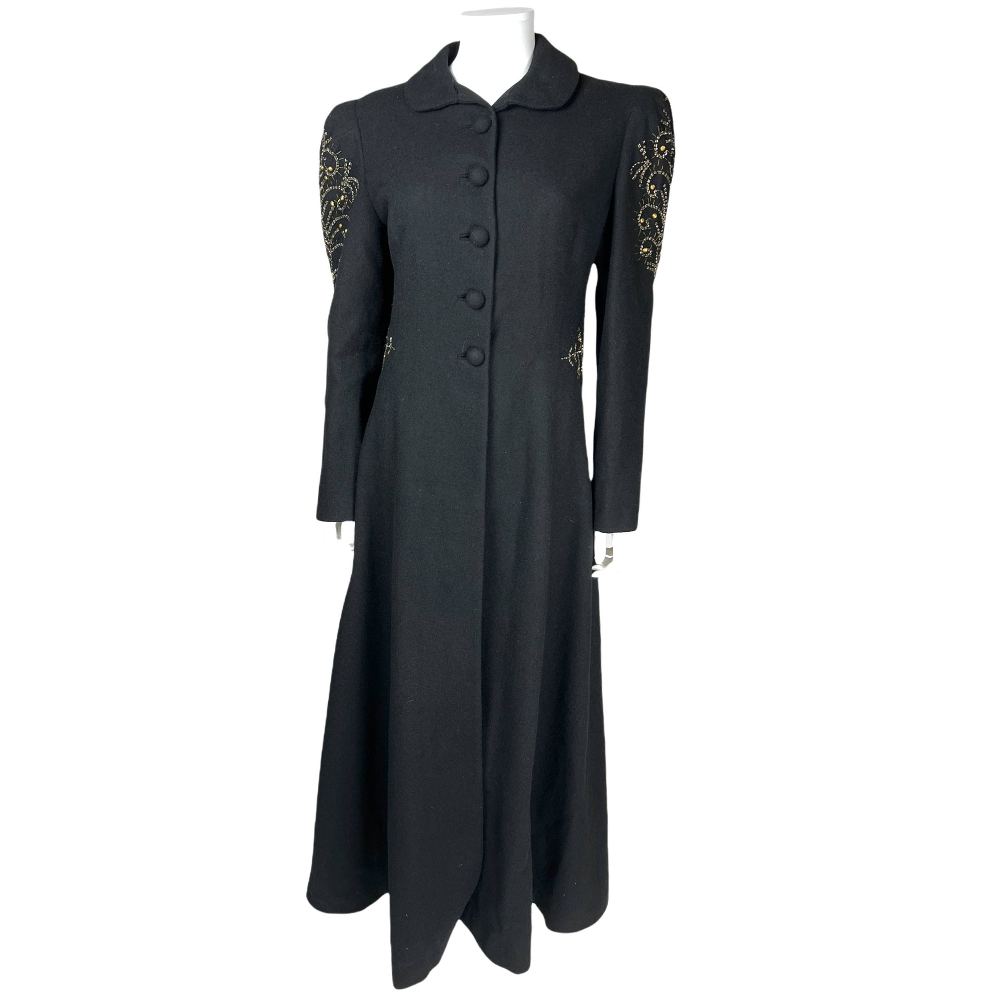 Vintage 1930s Ladies Coat Black Wool Beaded Evening Wear S M