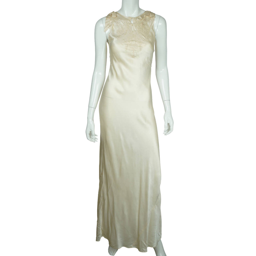 Vintage 1930s Cream Silk Nightie with Chinese Lantern Embroidery Slinky Size S M - Poppy's Vintage Clothing