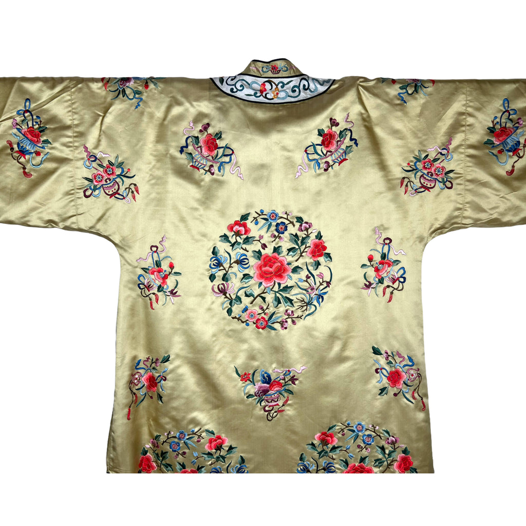 Vintage Chinese Silk Robe Hand Embroidered Floral Motifs