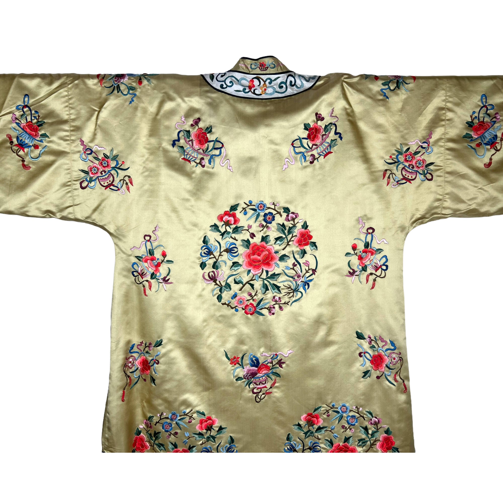 Vintage Chinese Silk Robe Hand Embroidered Floral Motifs