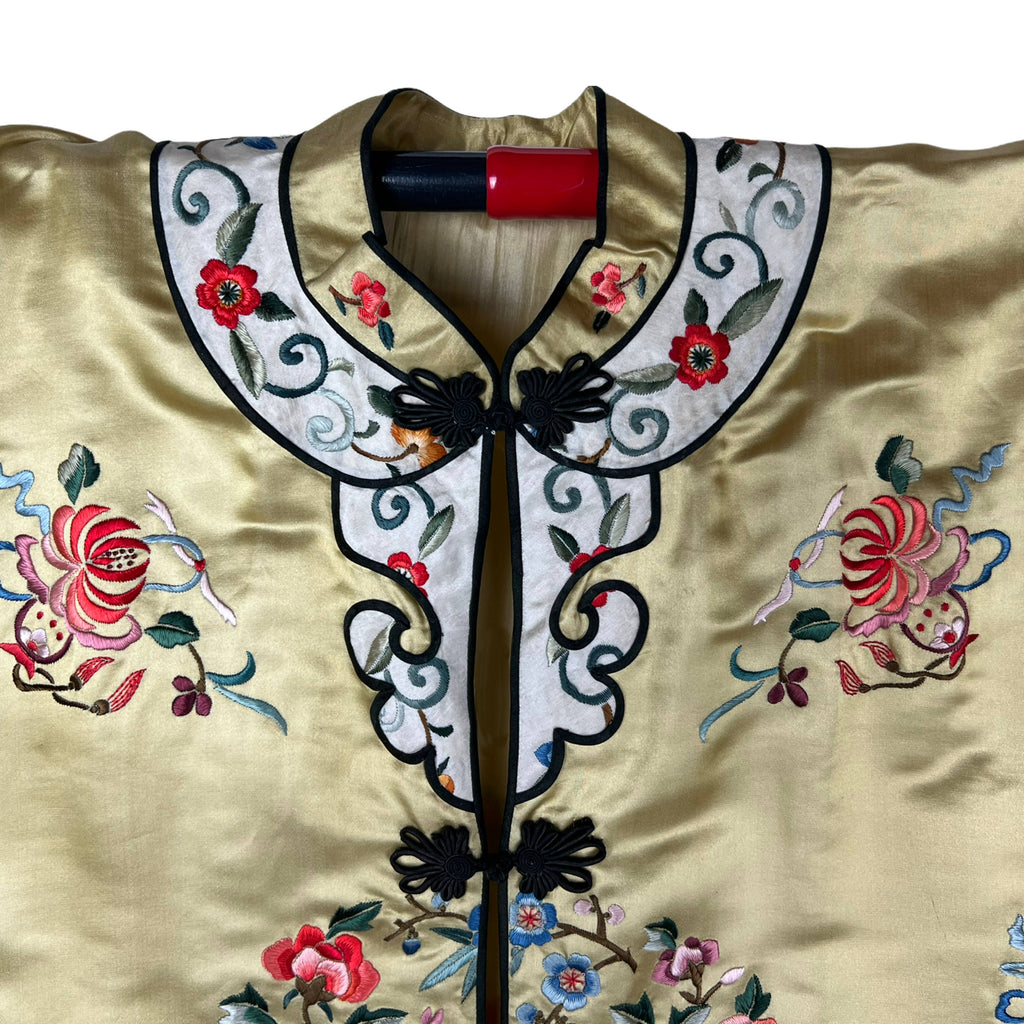 Vintage Chinese Silk Robe Hand Embroidered Floral Motifs