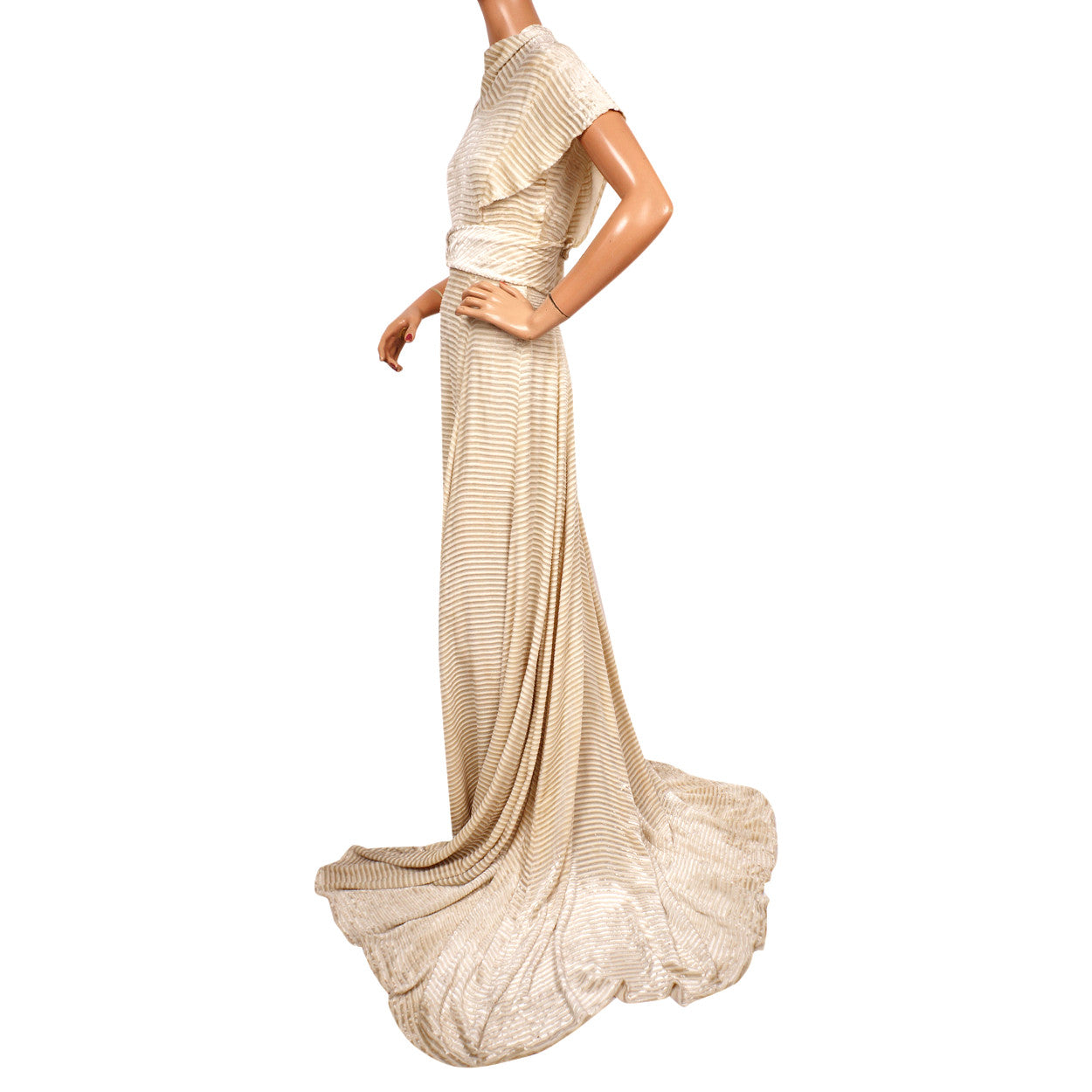 Vintage 1930s Panne Velvet Dress - Off White Striped Devore Velvet - Wedding Gown - S - Poppy's Vintage Clothing