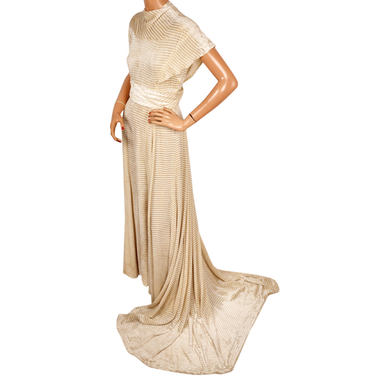 Vintage 1930s Panne Velvet Dress - Off White Striped Devore Velvet - Wedding Gown - S - Poppy's Vintage Clothing