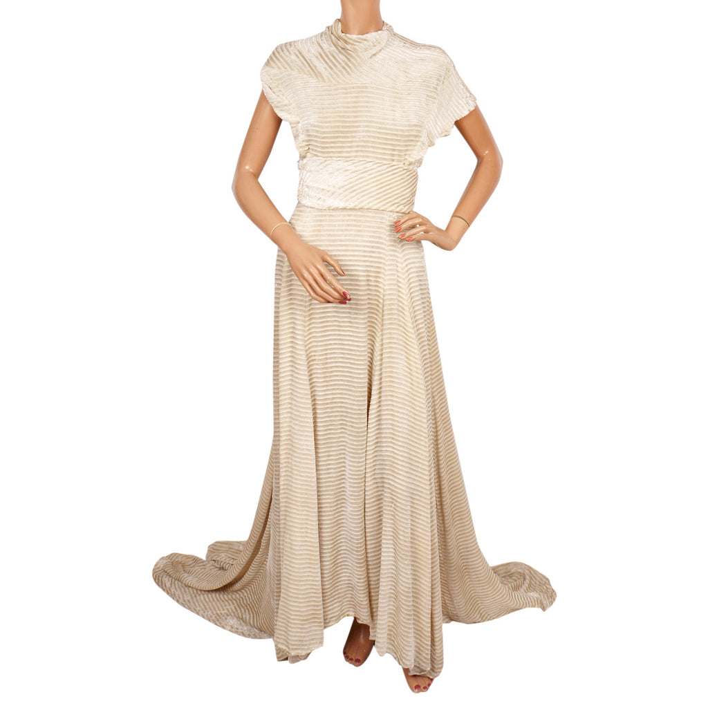 Vintage 1930s Panne Velvet Dress - Off White Striped Devore Velvet - Wedding Gown - S - Poppy's Vintage Clothing