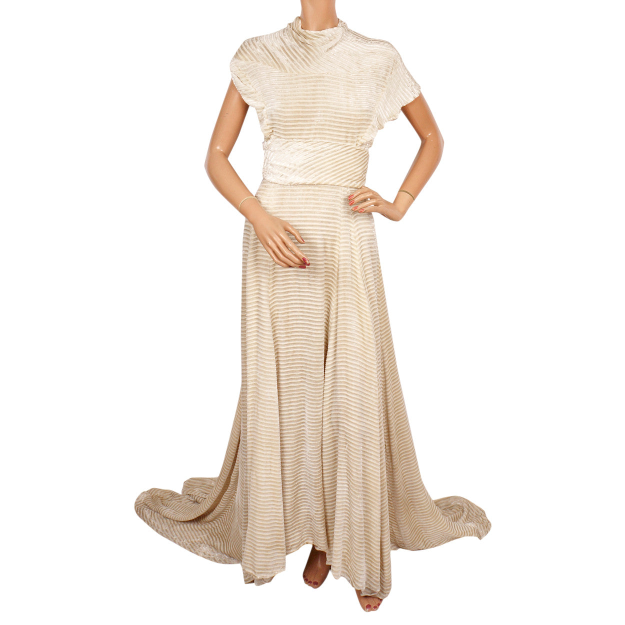 Vintage 1930s Panne Velvet Dress - Off White Striped Devore Velvet - Wedding Gown - S - Poppy's Vintage Clothing
