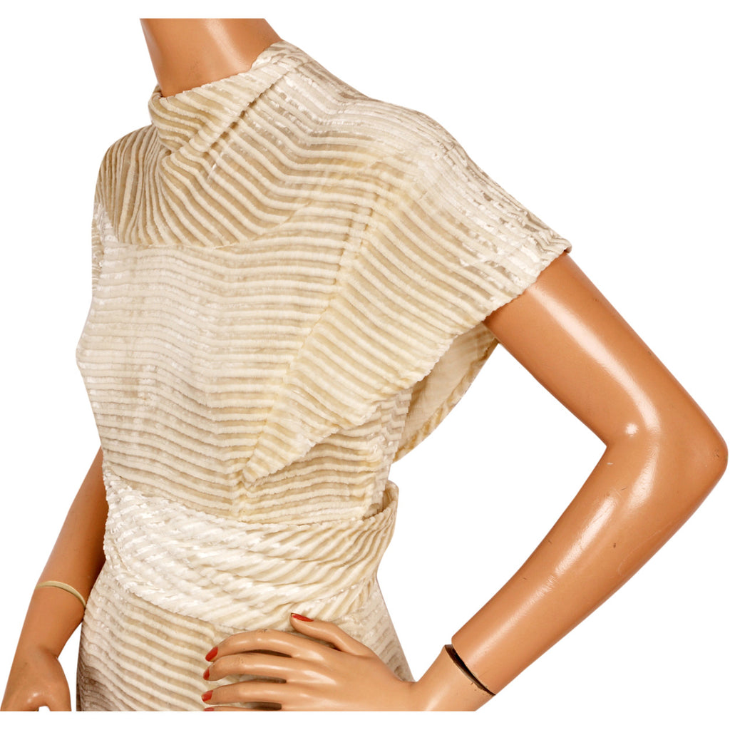 Vintage 1930s Panne Velvet Dress - Off White Striped Devore Velvet - Wedding Gown - S - Poppy's Vintage Clothing