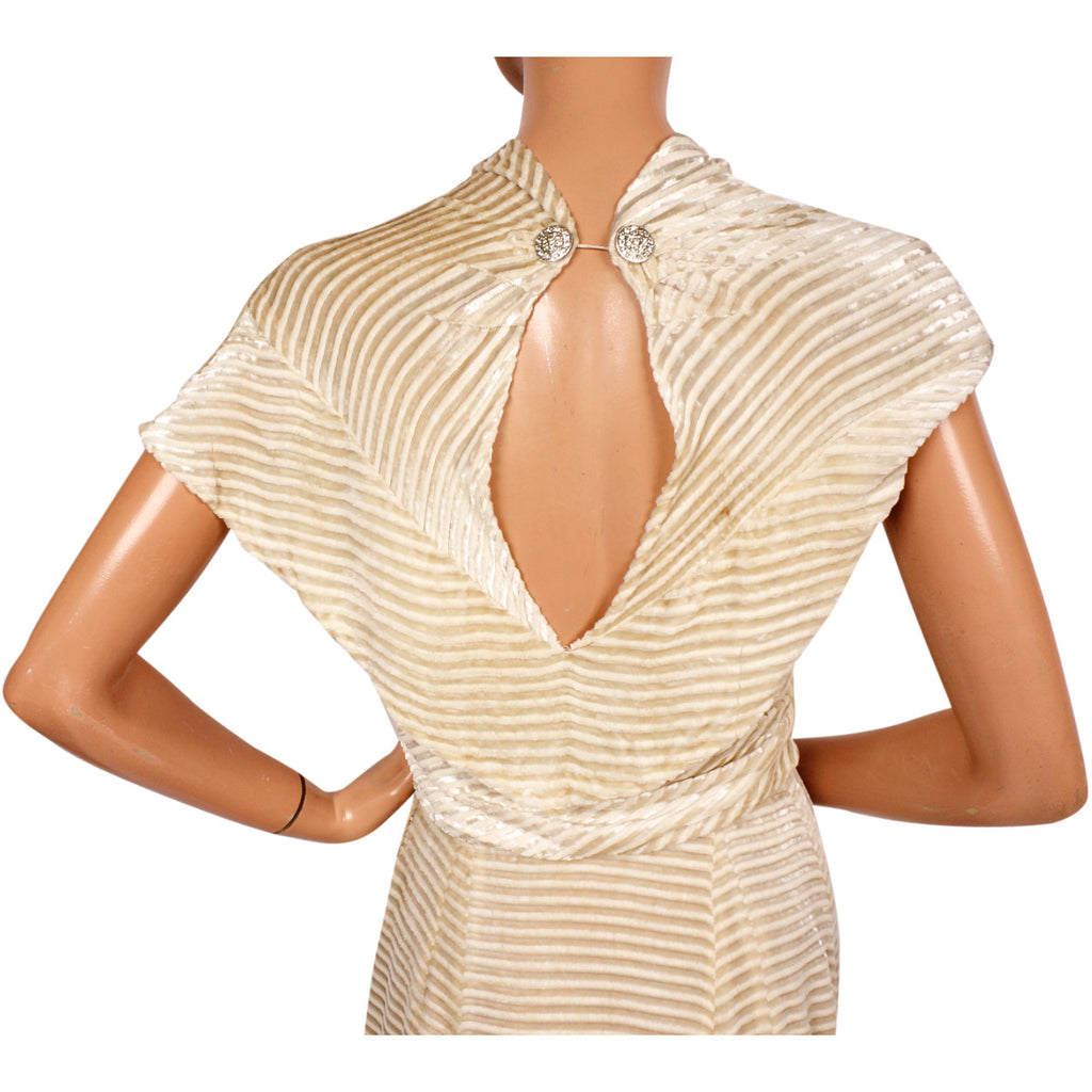 Vintage 1930s Panne Velvet Dress - Off White Striped Devore Velvet - Wedding Gown - S - Poppy's Vintage Clothing