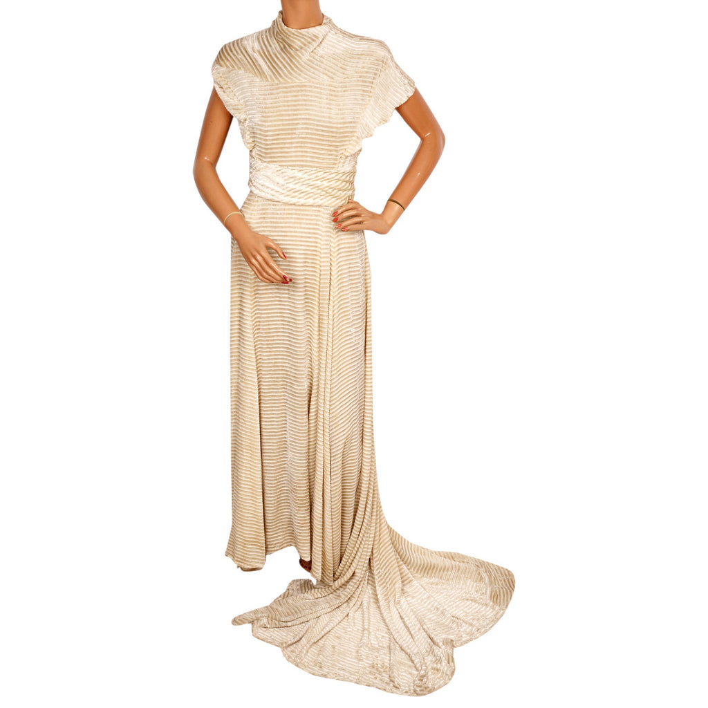 Vintage 1930s Panne Velvet Dress - Off White Striped Devore Velvet - Wedding Gown - S - Poppy's Vintage Clothing