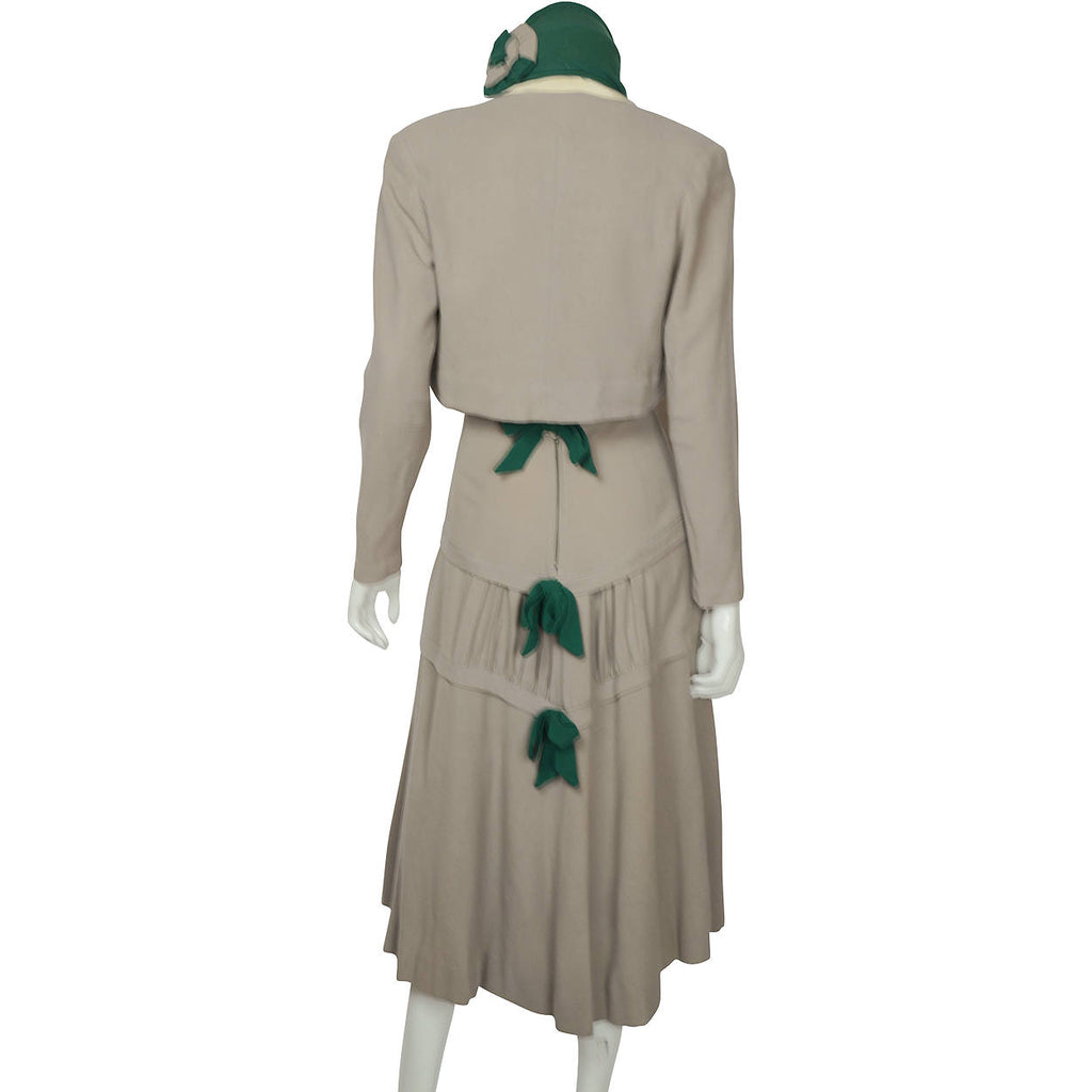 Vintage 1930s 40s Bolero Jacket Skirt & Hat Ensemble Grey Wool Crepe Size M - Poppy's Vintage Clothing