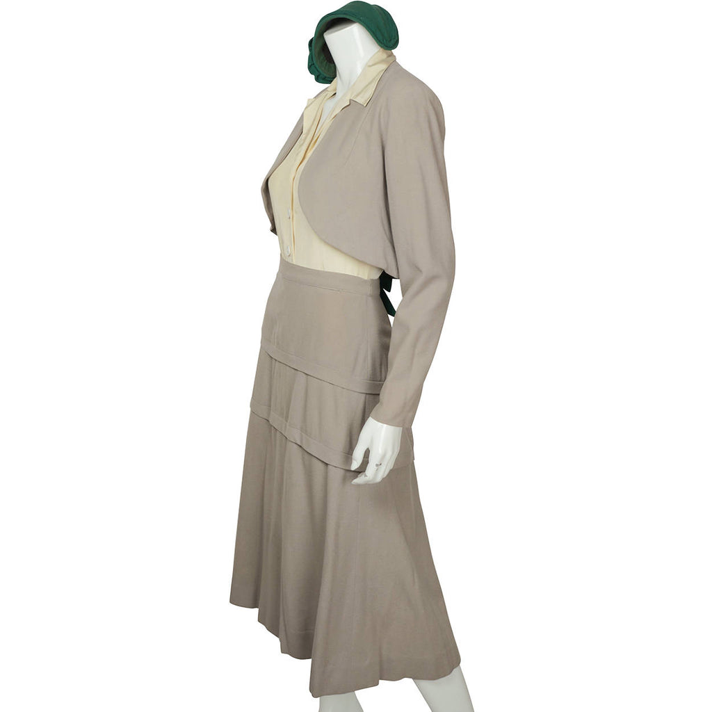 Vintage 1930s 40s Bolero Jacket Skirt & Hat Ensemble Grey Wool Crepe Size M - Poppy's Vintage Clothing