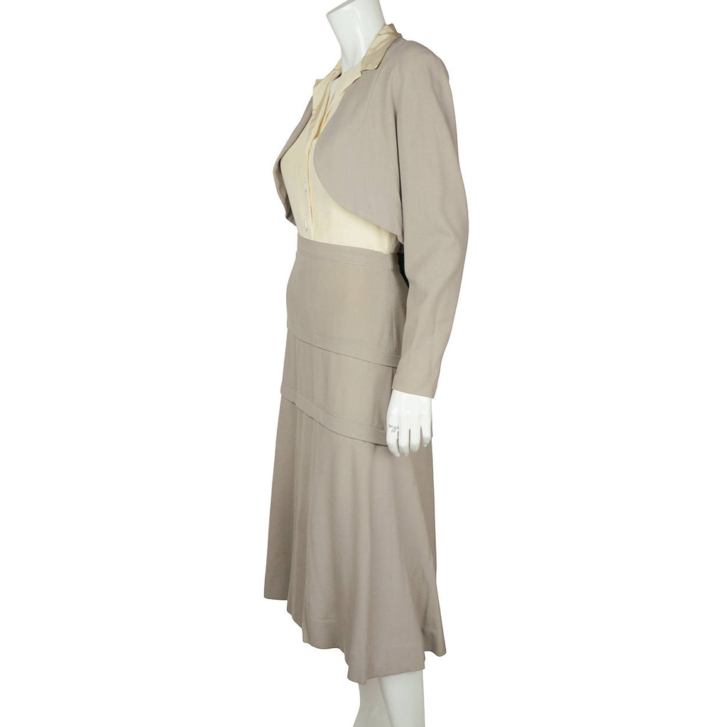 Vintage 1930s 40s Bolero Jacket Skirt & Hat Ensemble Grey Wool Crepe Size M - Poppy's Vintage Clothing