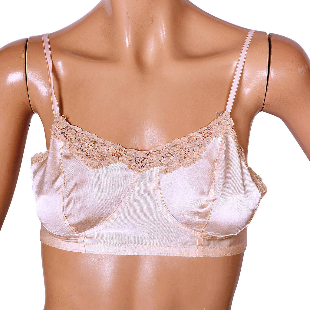 Vintage 1930s Lace and Pink Satin Bra Size Small Brassiere - Poppy's Vintage Clothing
