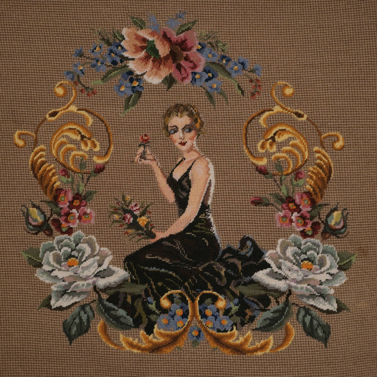 Vintage 1930s Lady Petit Point Needlepoint Seat Cover Chair or Cushion - Poppy's Vintage Clothing