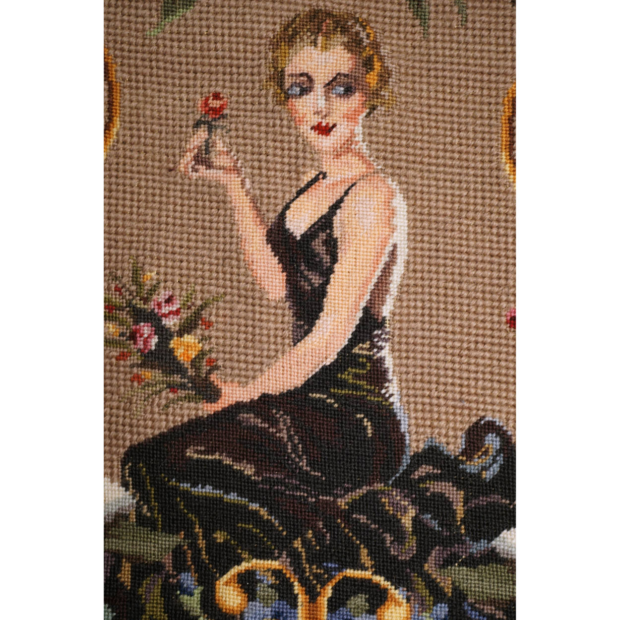 Vintage 1930s Lady Petit Point Needlepoint Seat Cover Chair or Cushion - Poppy's Vintage Clothing