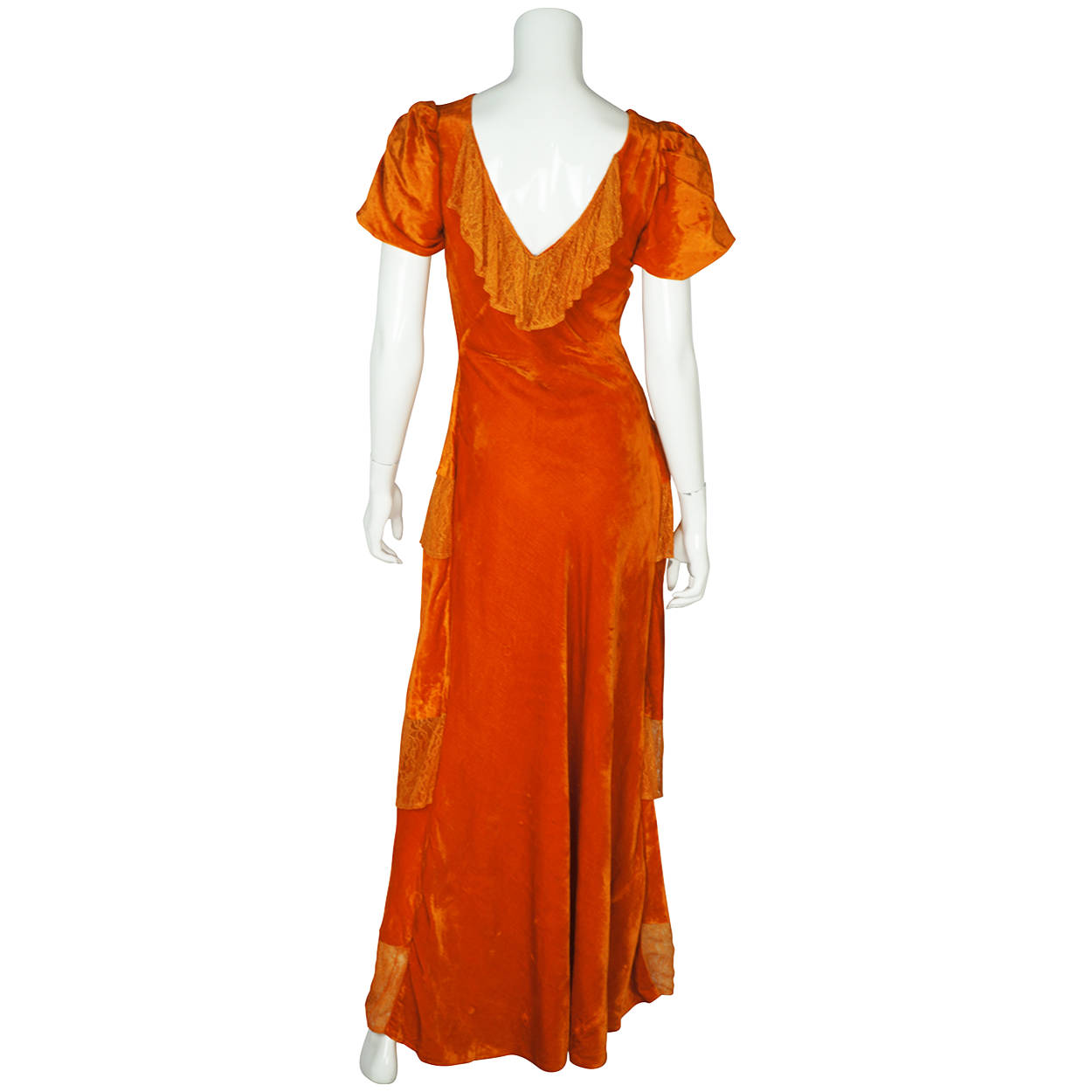 Vintage 1930s Long Dress Orange Velvet Evening Gown Bias Cut with Lace Size M - Poppy's Vintage Clothing