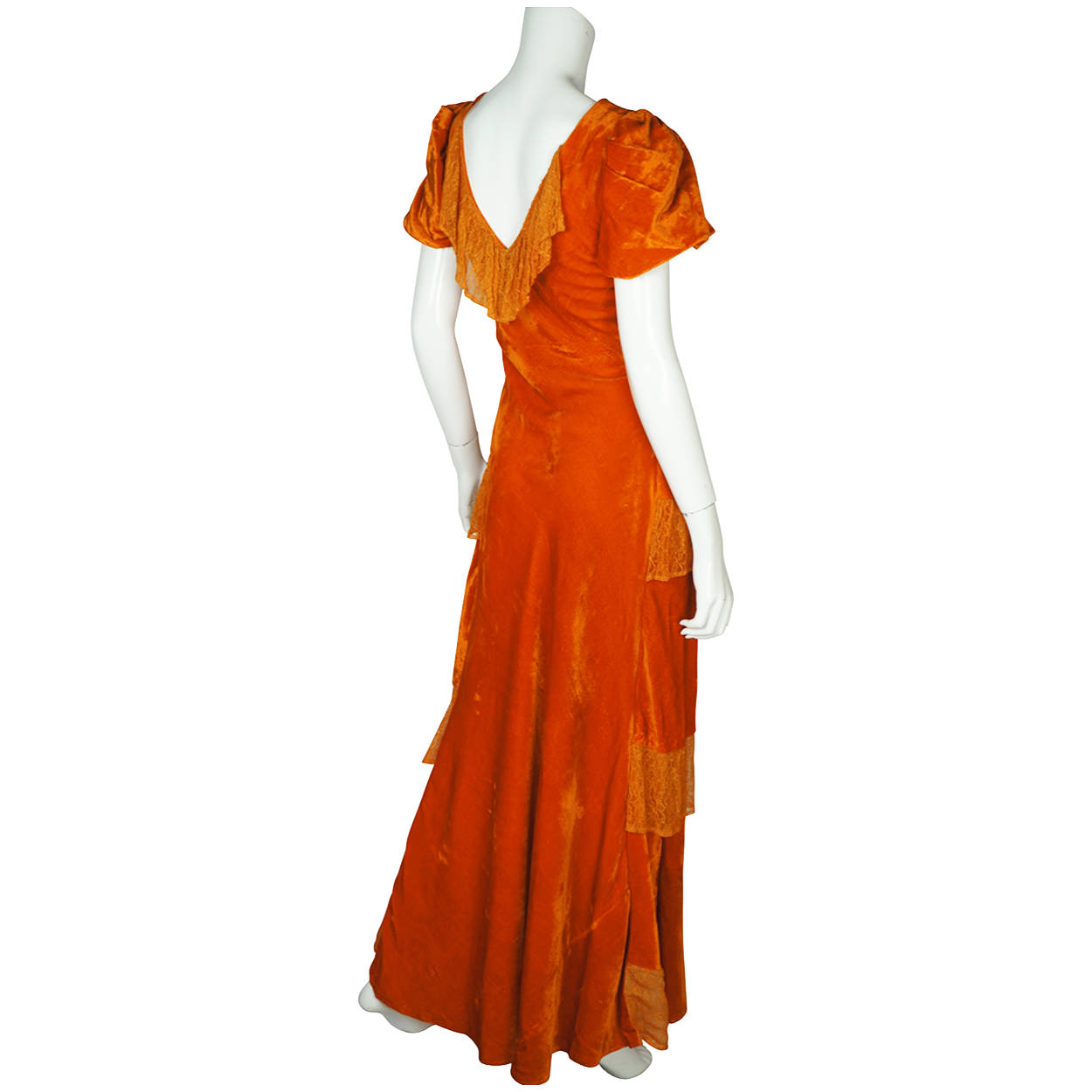 Vintage 1930s Long Dress Orange Velvet Evening Gown Bias Cut with Lace Size M - Poppy's Vintage Clothing