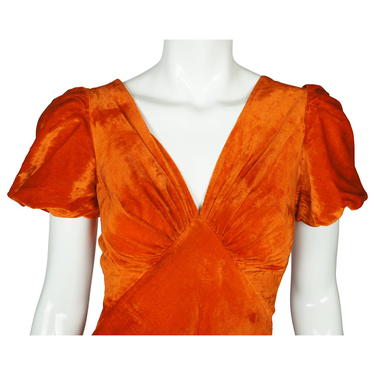 Vintage 1930s Long Dress Orange Velvet Evening Gown Bias Cut with Lace Size M - Poppy's Vintage Clothing