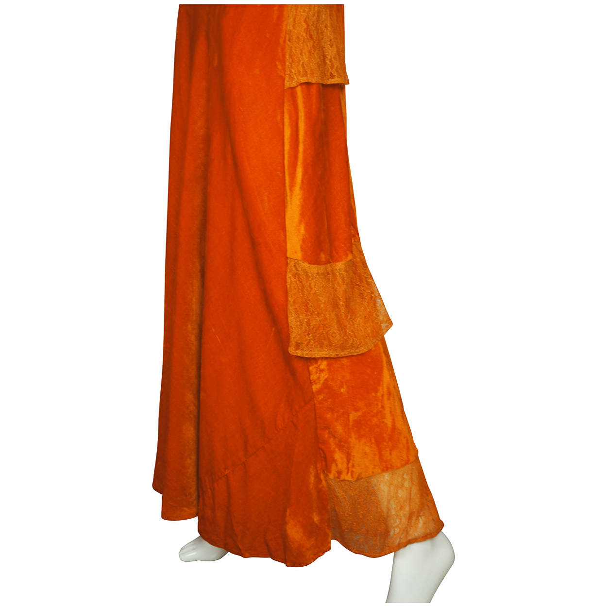 Vintage 1930s Long Dress Orange Velvet Evening Gown Bias Cut with Lace Size M - Poppy's Vintage Clothing