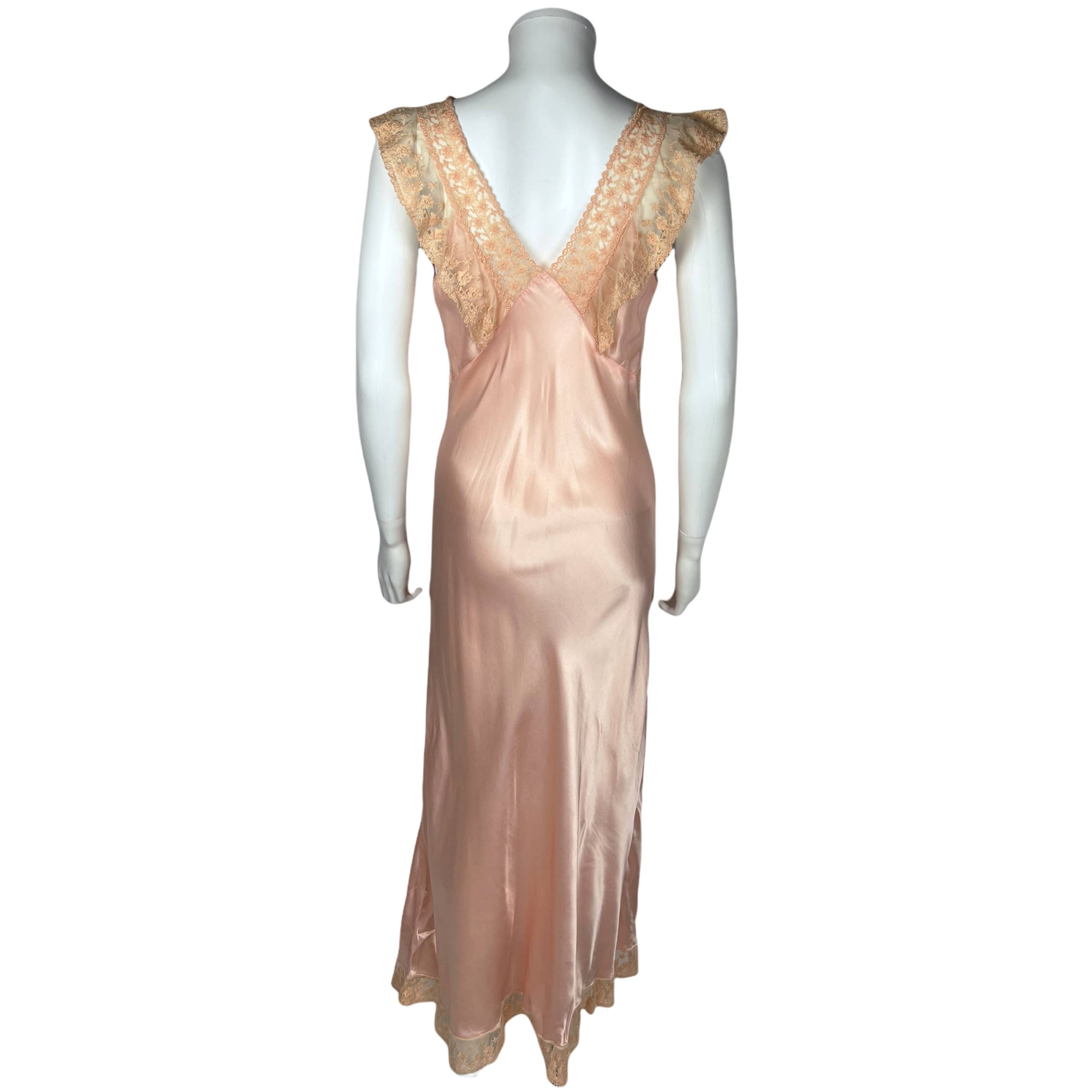 Vintage 1930s Nightie Pink Satin w Lace Trim Nightgown Sz M