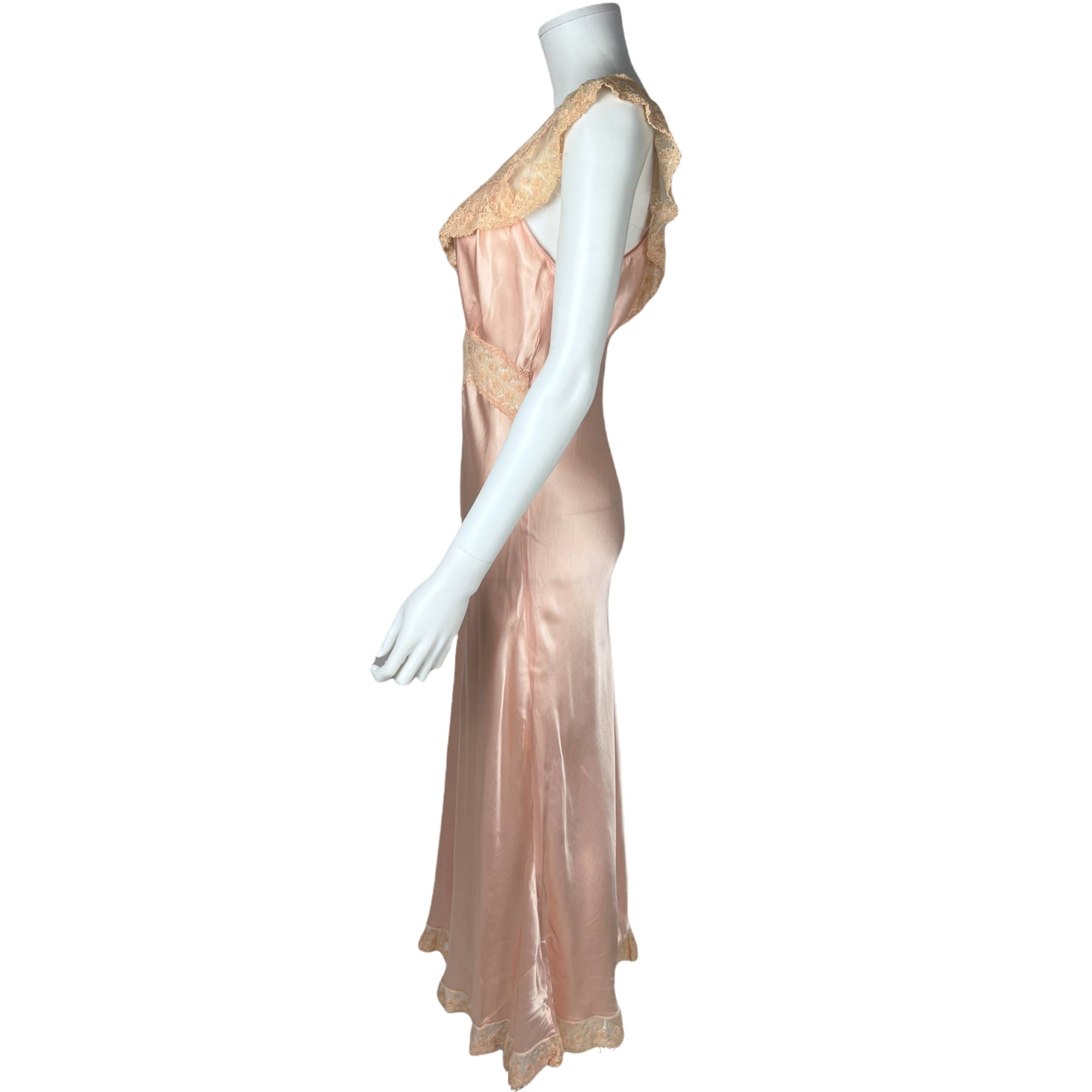Vintage 1930s Nightie Pink Satin w Lace Trim Nightgown Sz M
