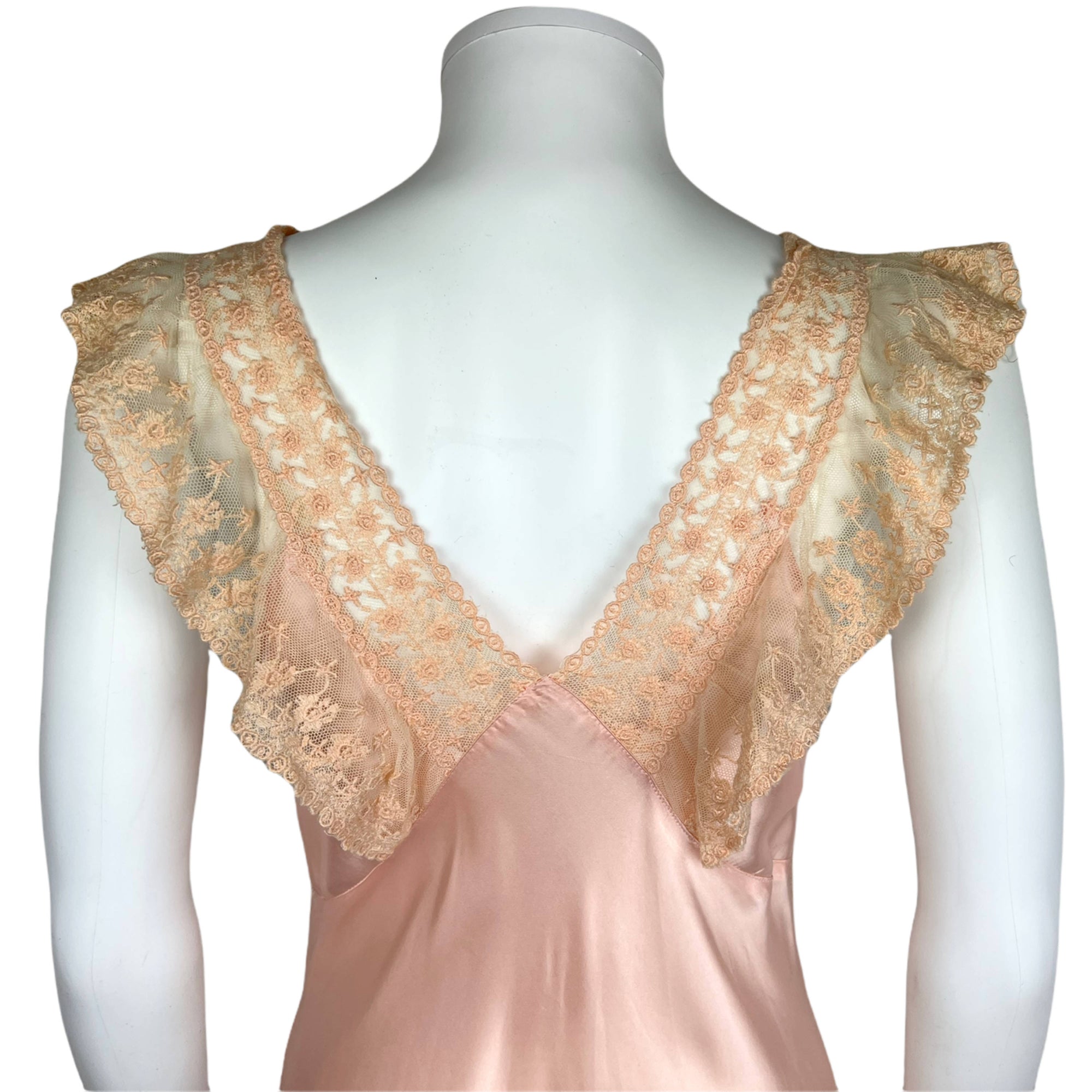 Vintage 1930s Nightie Pink Satin w Lace Trim Nightgown Sz M