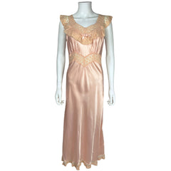 Vintage 1930s Nightie Pink Satin w Lace Trim Nightgown Sz M