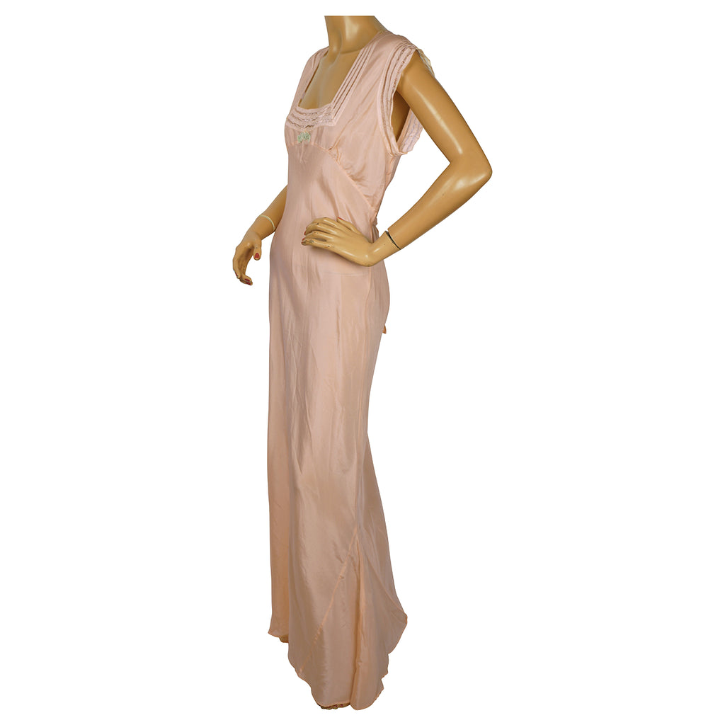 Vintage 1930s Pink Silk Nightie w Faggoting Embroidery Work Size 38 M L - Poppy's Vintage Clothing