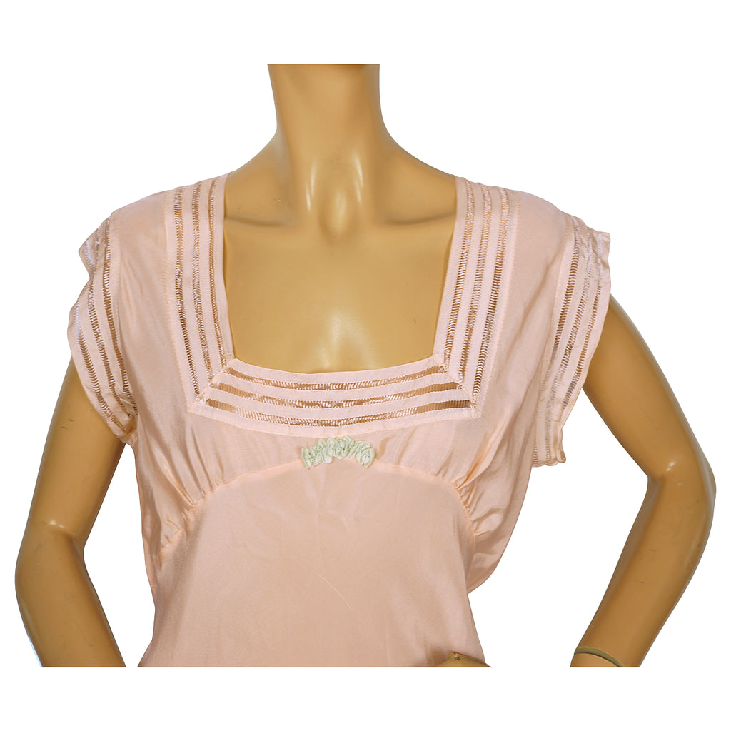 Vintage 1930s Pink Silk Nightie w Faggoting Embroidery Work Size 38 M L - Poppy's Vintage Clothing