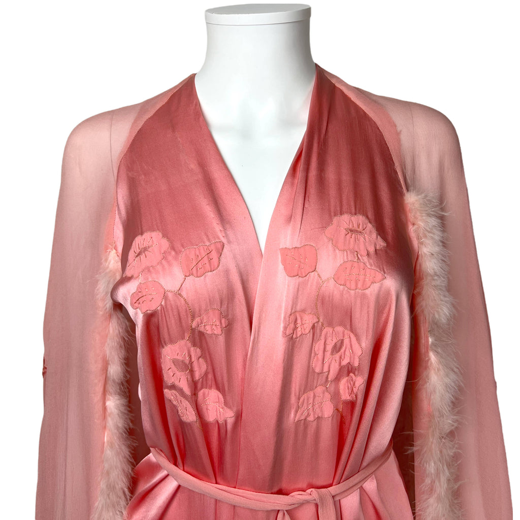 Vintage 1930s Silk Peignoir w Chiffon Cape Sleeve Robe Sz M