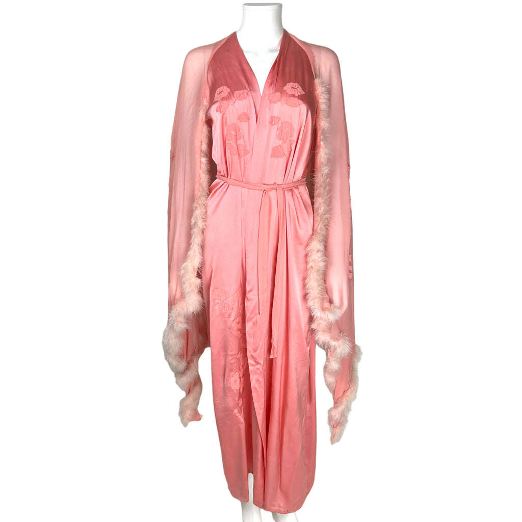 Vintage 1930s Silk Peignoir w Chiffon Cape Sleeve Robe Sz M
