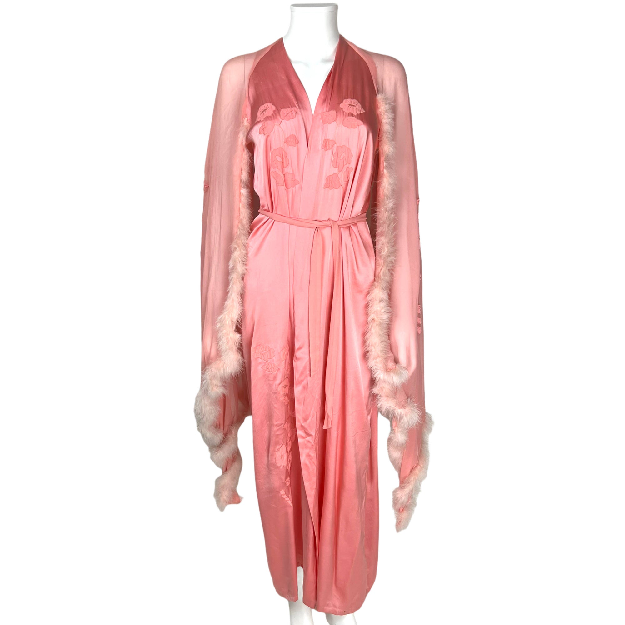 Vintage 1930s Silk Peignoir w Chiffon Cape Sleeve Robe Sz M