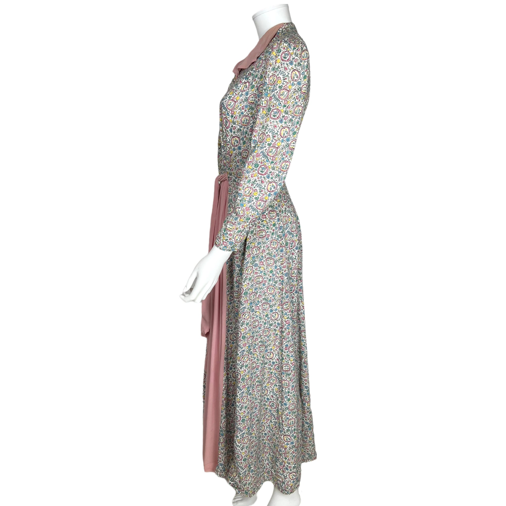 Vintage 1930s Ladies Dressing Gown Printed Cotton Robe Sz M