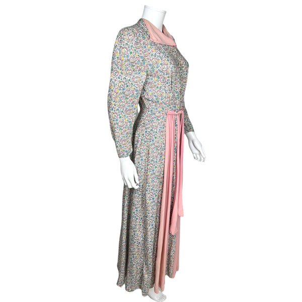 Vintage 1970s Indian Cotton Dressing Gown Block Printed Flower Pattern Robe  M L