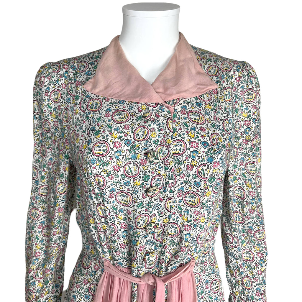 Vintage 1930s Ladies Dressing Gown Printed Cotton Robe Sz M