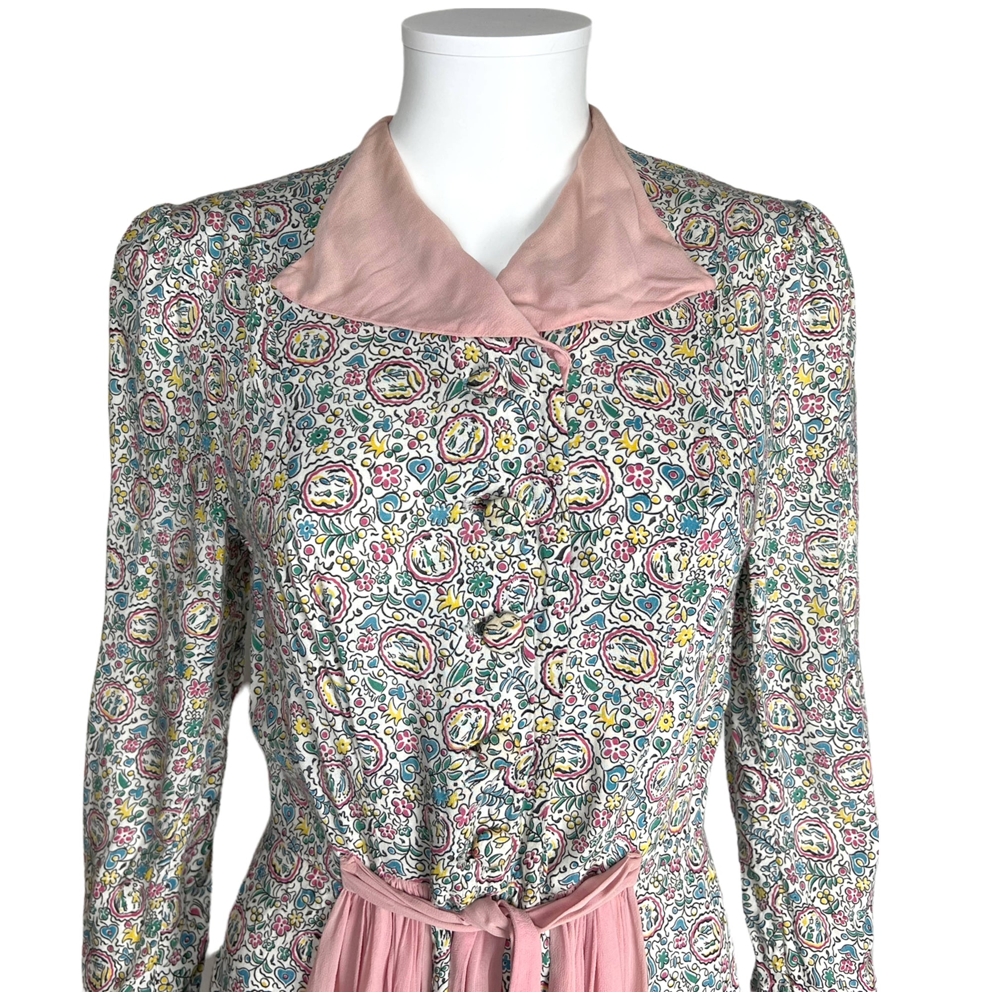 Vintage 1930s Ladies Dressing Gown Printed Cotton Robe Sz M