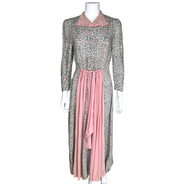 Vintage 1930s Ladies Dressing Gown Printed Cotton Robe Sz M