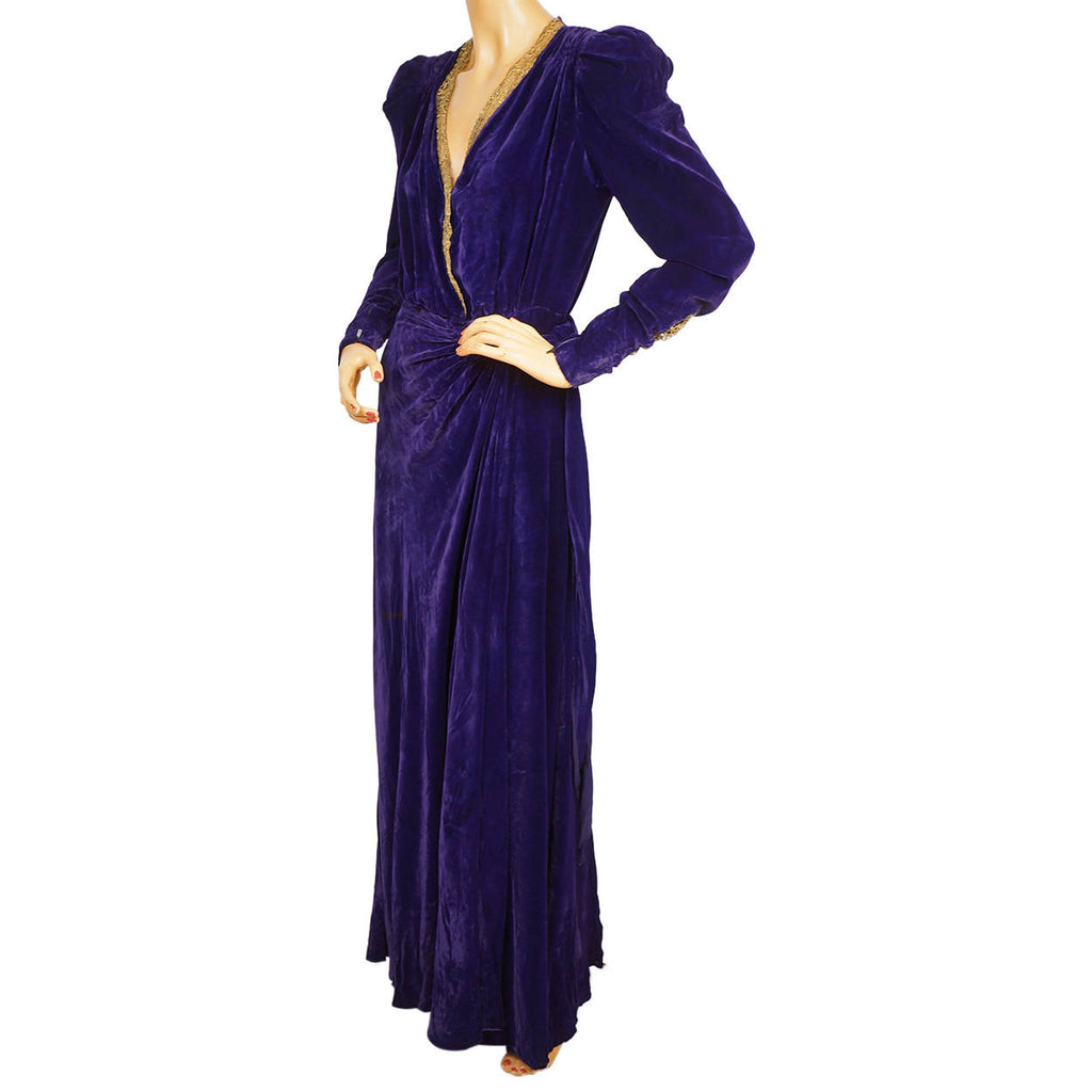 Vintage 1930s Purple Velvet Robe Lounging Dressing Gown Ladies Size Medium - Poppy's Vintage Clothing