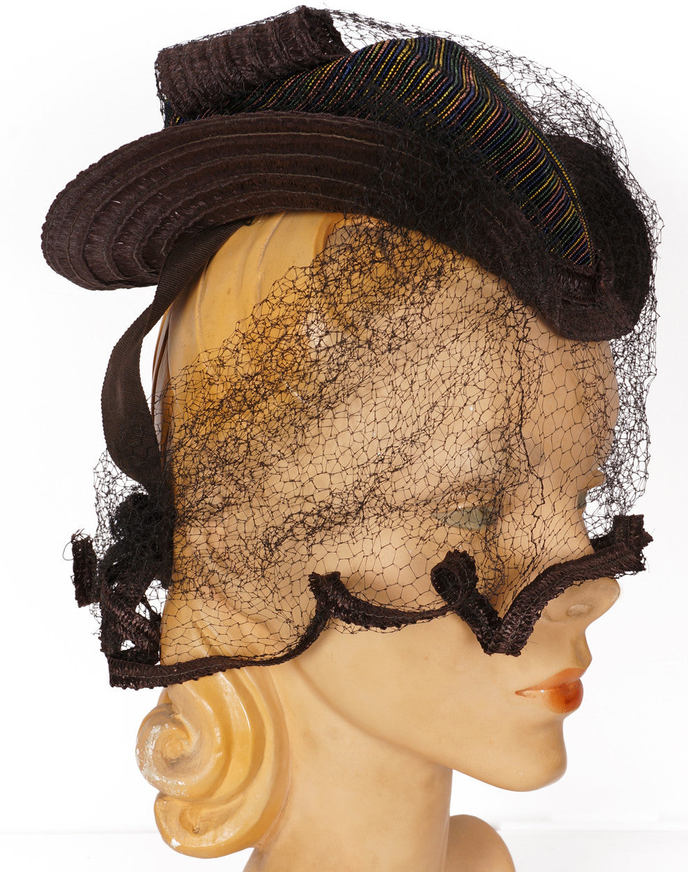 Vintage 1930s Brown Straw Tilt Hat S M L - Poppy's Vintage Clothing