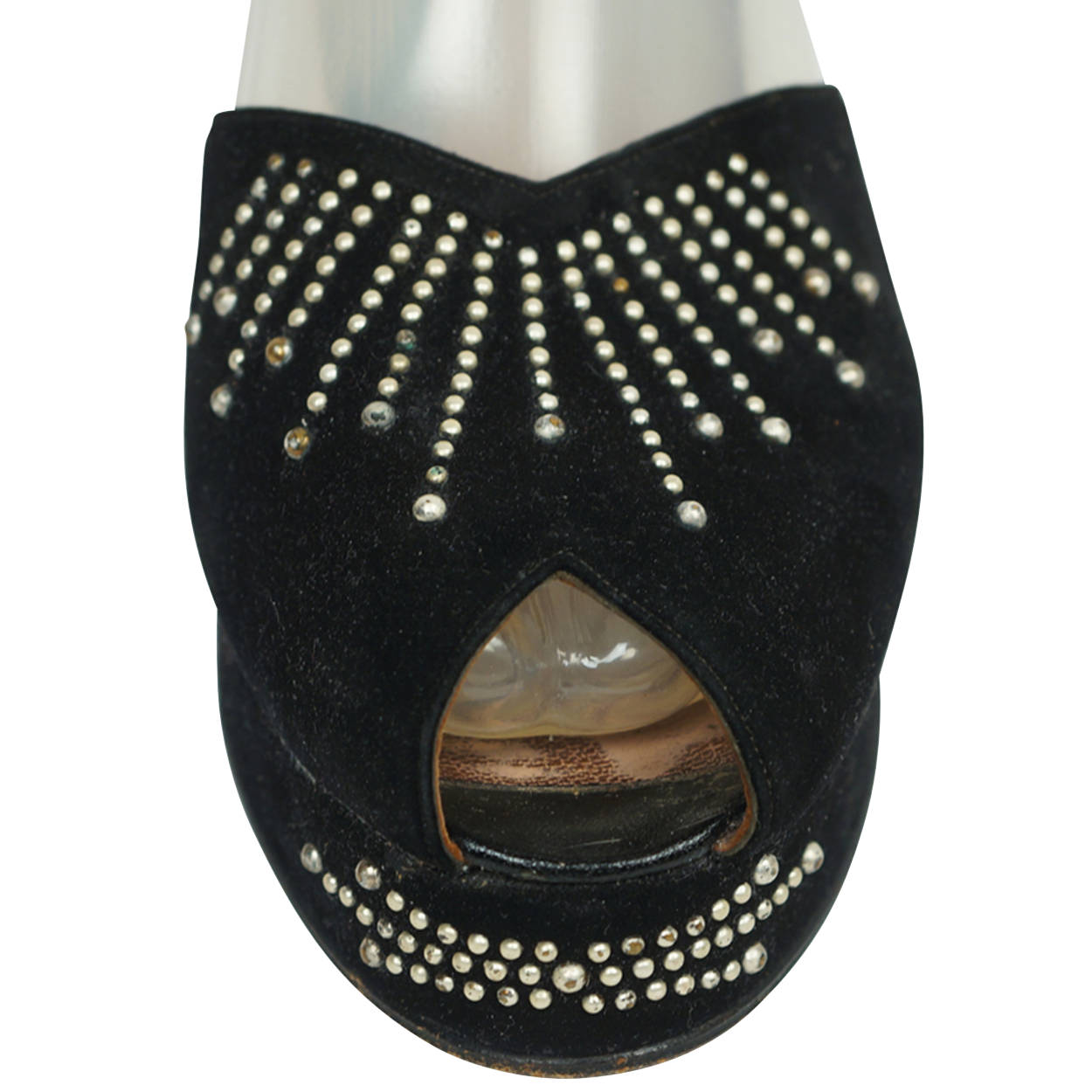 Vintage 1940s Swing Shoes Platform Style Peep Toe Pearl Jewelled Black Suede 8 + - Poppy's Vintage Clothing