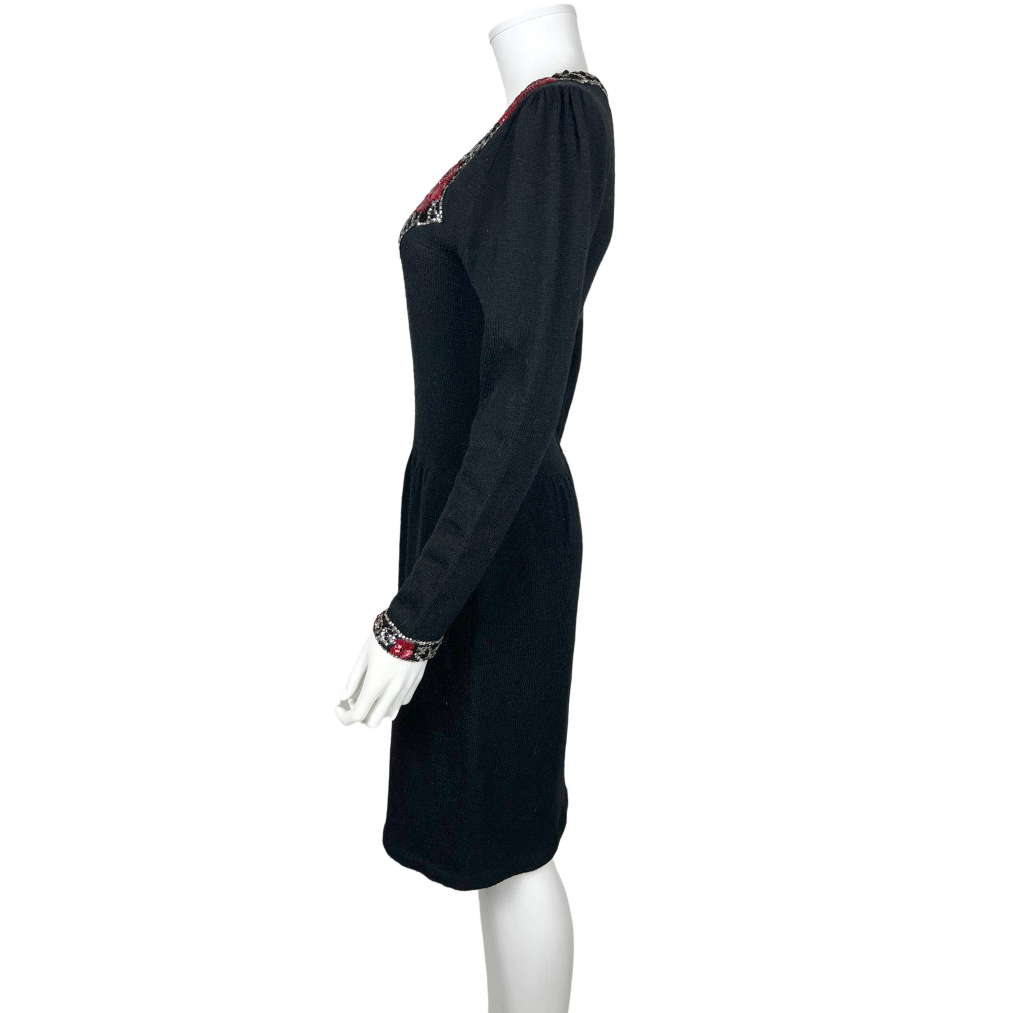 Vintage 1950s Knit Dress Beaded Sequinned Black Wool Size L
